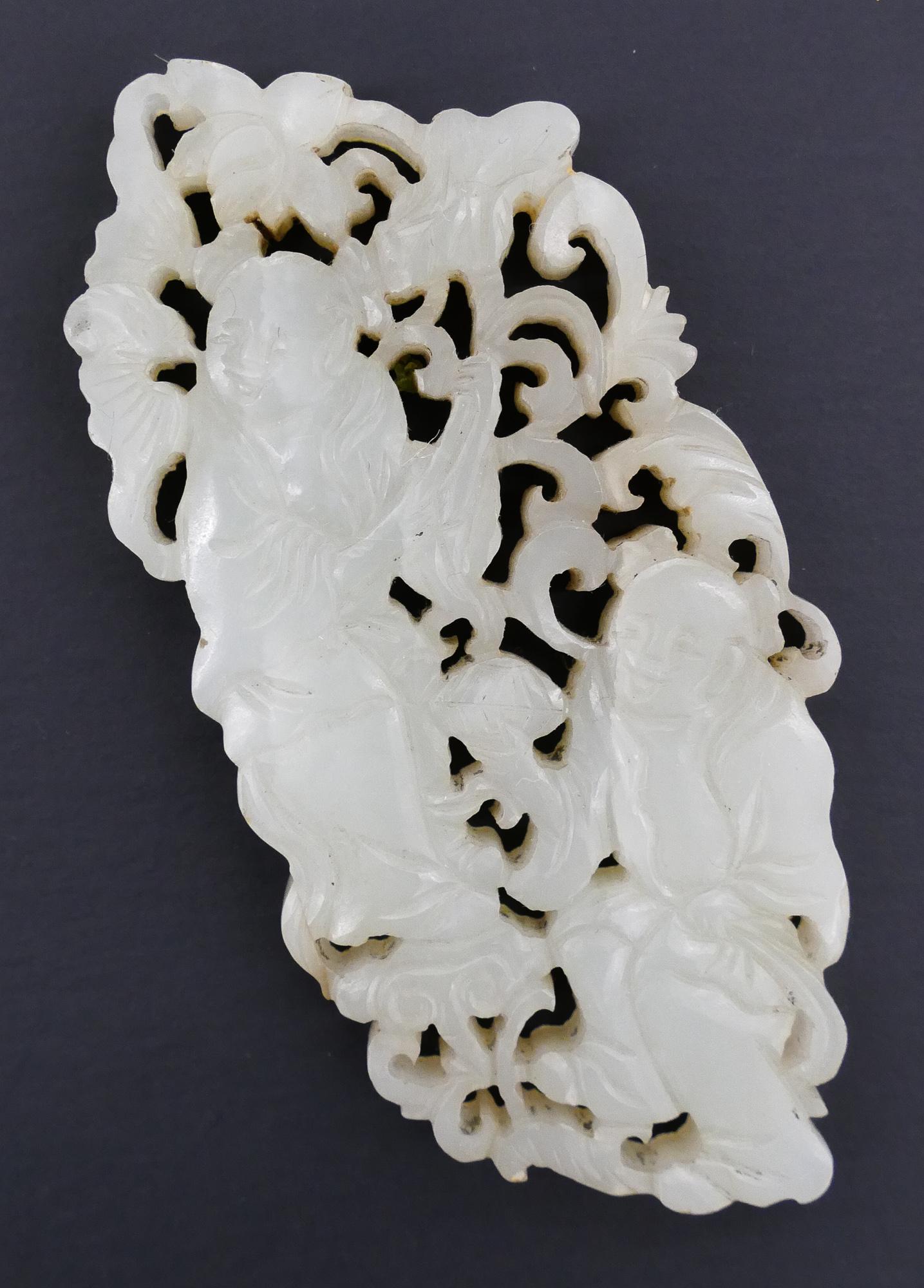 Chinese Jade Ho Ho Twins Pierced Plaque: Chinese Qing Jade Ho Ho Twins Pierced Plaque 3.25''x2.75''. Intricately pierced jade of pale celadon color. Unusual shape depicting the Ho Ho twins (He He Erxian). Excellent condition. 18th or 19th ce