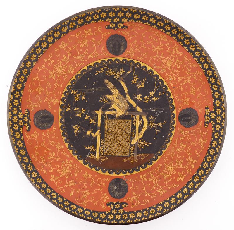 Japanese Meiji Lacquered Bronze Charger: Japanese Meiji Lacquered Bronze Charger 10.5''. Finely gilt and lacquered bronze plate with central bird on branch. Some scattered slight surface loss. 19th century, Meiji era.