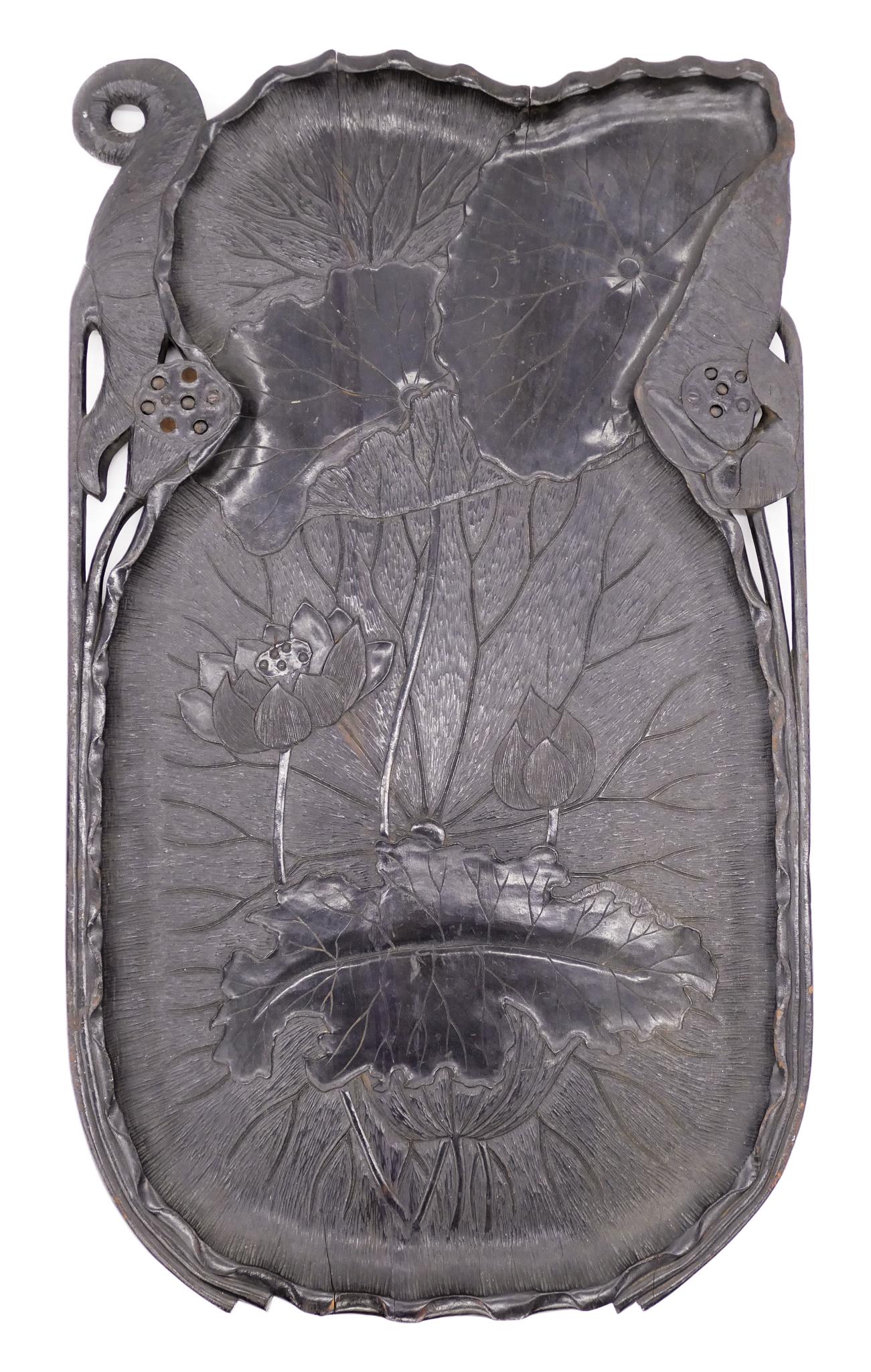 Japanese Meiji Wood Lotus Tray: Japanese Meiji Wood Lotus Tray 31''x18''. Unusual carved and ebonized wood figural tray with lotus blossom and figural pods. Some natural age cracking to wood and a few balls in one pod missing. 19th 