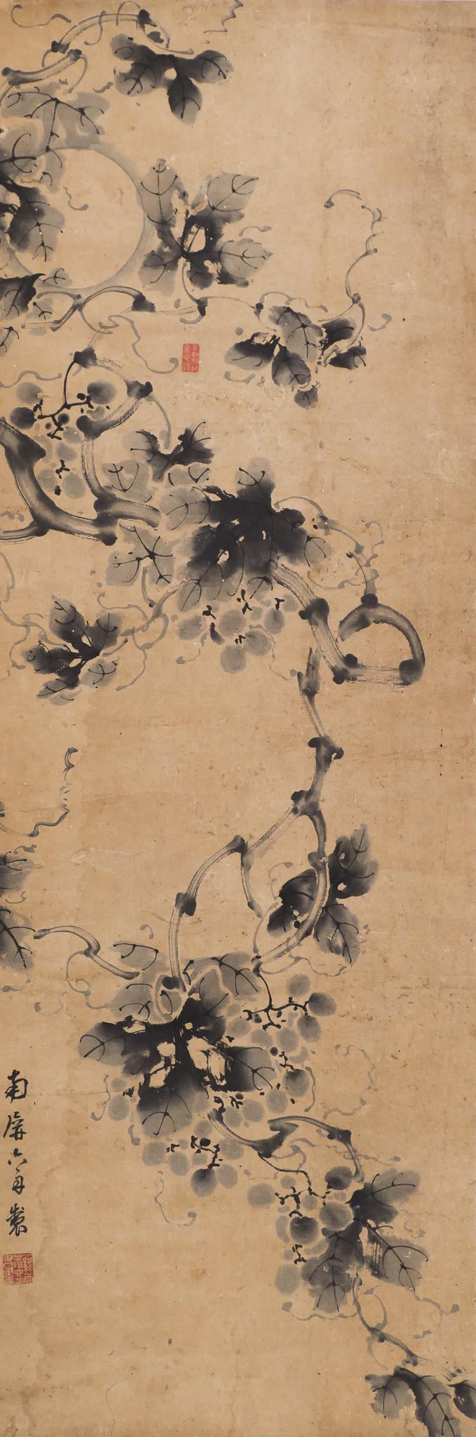 Liu Zhou ''Grape Vine'' Scroll Painting: Liu Zhou (1791-1858 Chinese) ''Grape Vine'' Scroll Painting 34''x12'' Image. A watercolor and ink on paper scroll painting of a grape vine by Monk Liu Zhou. Signed lower left. Some roll creasing and s