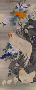 Japanese Meiji Roosters Scroll Painting: Japanese Meiji Roosters Scroll Painting 49.5''x20'' Image. A colorful watercolor on silk painting of roosters and chicks with blossoming flowers. Signed lower right. A few minor surface marks. 19th or