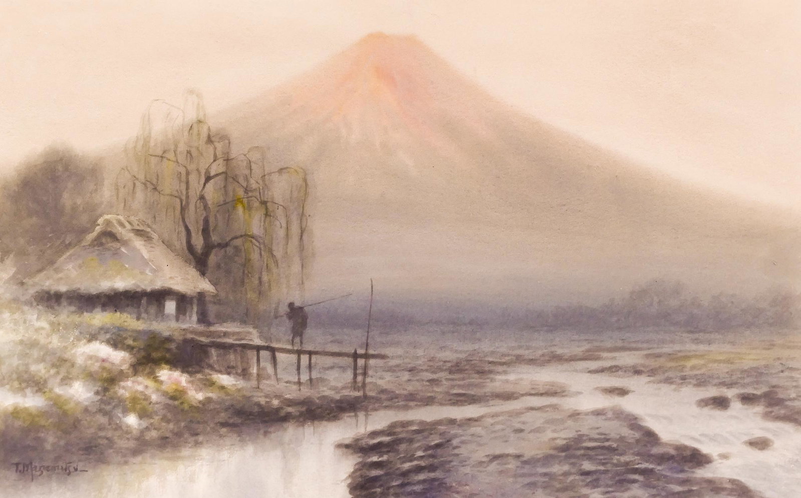T. Masamitsu ''Mt. Fuji Landscape'' Watercolor: T. Masamitsu (19th/20th Cent. Japanese) ''Mt. Fuji Landscape'' Watercolor on Paper 12.5''x19.5'' Sight. Signed l.l. Framed 19.5''x25.5''. Excellent condition. Early 20th century, Meiji or Taisha perio
