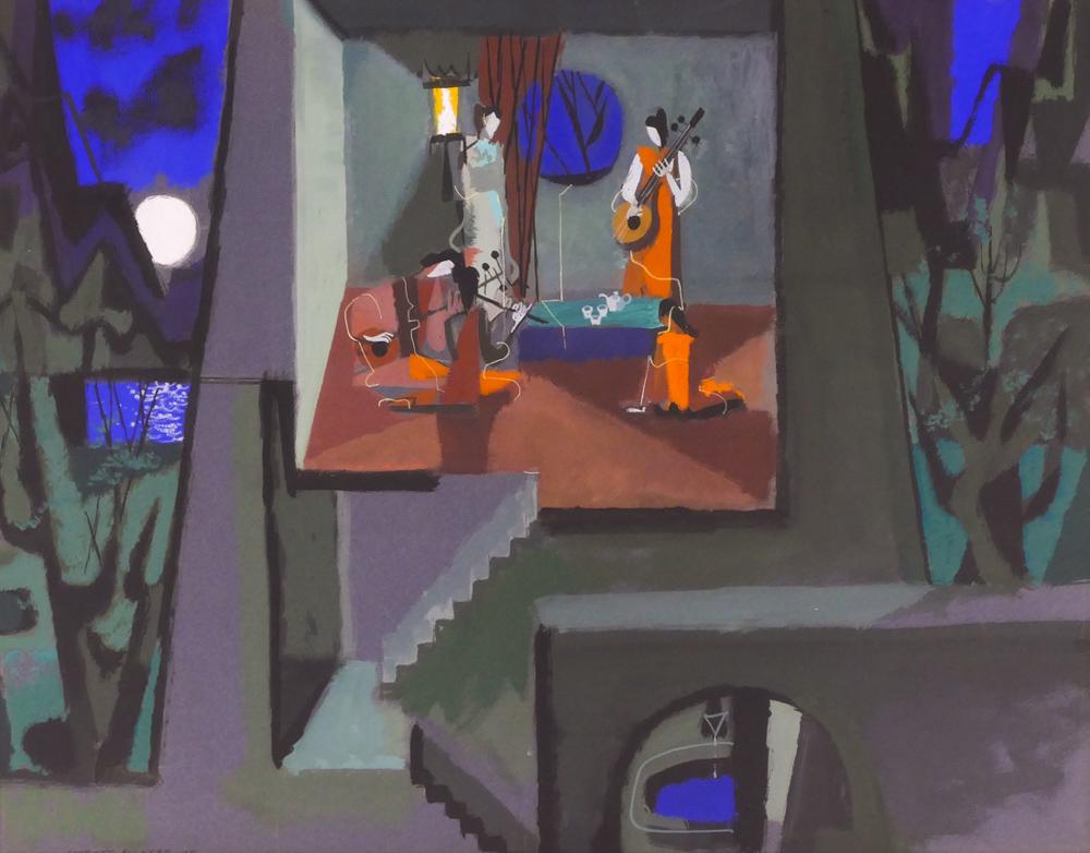 Everett McNear ''Music at Midnight'' 1948 Gouache: Everett McNear (1904-1984 American) ''Music at Midnight'' 1948 Gouache on Board 19''x25'' Sight. Signed and dated l.l. with title label on verso. Original framing 30''x36''. Excellent condition.
