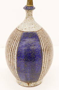 Robert Sperry ''Cobalt Glazed Lamp'' 1960's Stoneware: Robert Sperry (1927-1998 Washington) ''Cobalt Glazed Lamp'' 1960's Stoneware 16.5''x10''. Exceptional cobalt and iron oxide speckled glaze vase form. Signed on bottom. Excellent condition. With