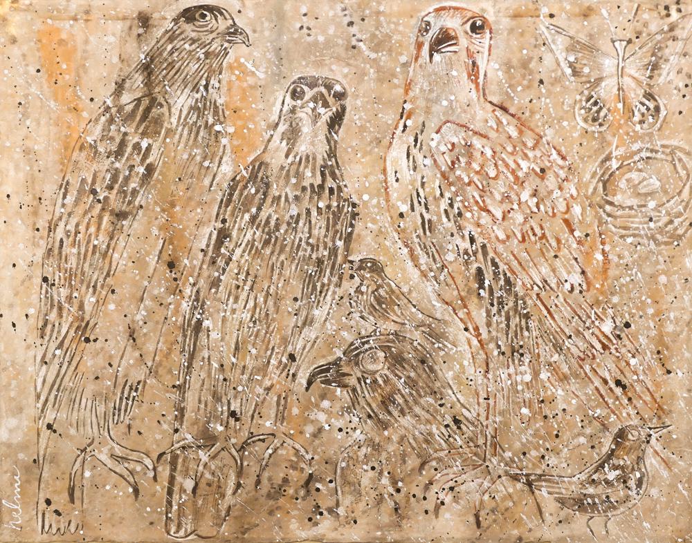 Helmi Juvonen ''Hawks'' 1960 Tempera: Helmi Juvonen (1903-1985 Washington) ''Hawks'' 1960 Tempera on Mulberry Paper 20''x24'' Image. Museum quality image of abstracted birds, nest, and butterfly. Signed l.l. with title on backing paper. T