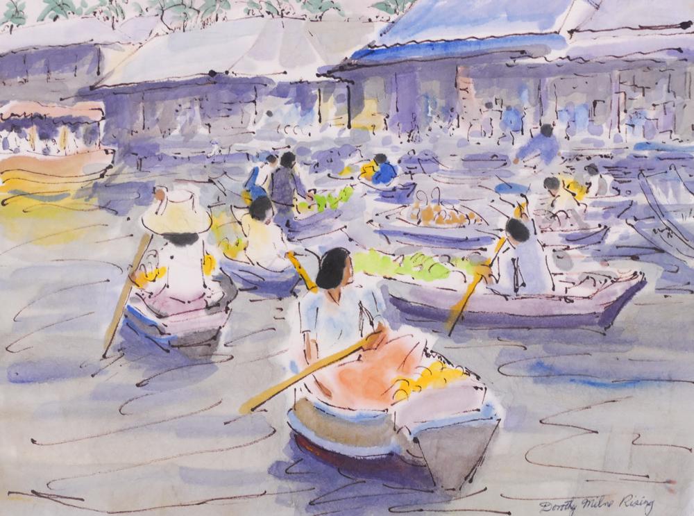 Dorothy Milne Rising ''Thailand Scene'' Watercolor: Dorothy Milne Rising (1895-1992 Washington) ''Thailand Scene'' Watercolor on Paper 9''x12'' Image. Signed l.r. Framed 16''x18.5''. Excellent condition.