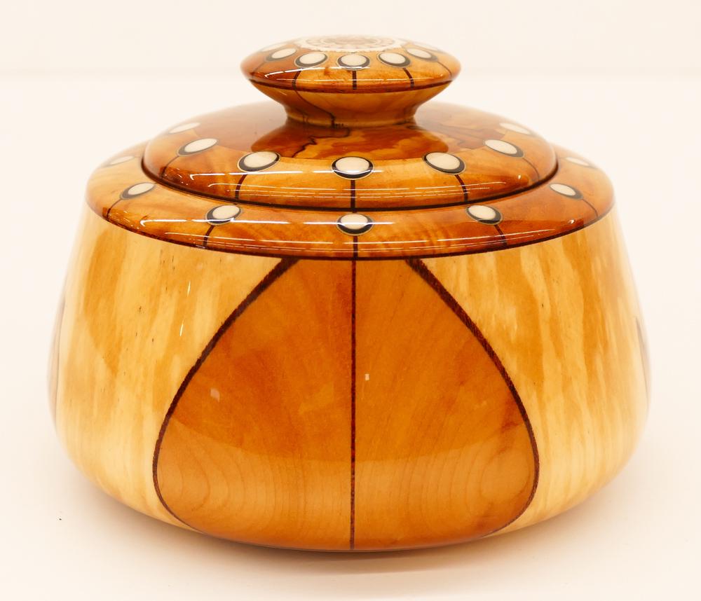 Robert Cutler ''A Small Treasure'' Inlaid Covered Box: Robert Cutler (b.1944 Alaska) ''A Small Treasure'' 1998 Inlaid Covered Box 4.5''x6''. Exceptional small bowl composed of spalted Alaskan birch, diamond willow and mahogany inlay, the handle is pre-his