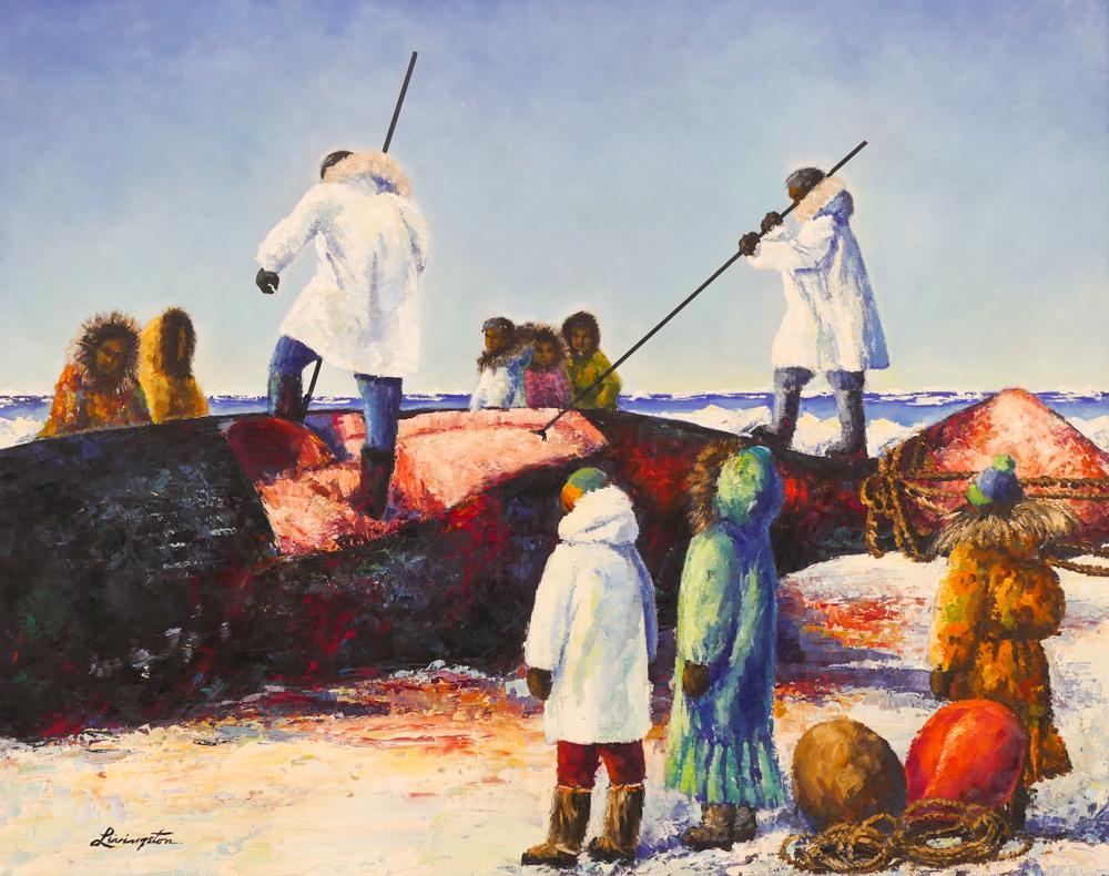 Dorothe Livingston ''Cutting Up the Whale'' 1970's Oil: Dorothe Livingston (20th Cent. Alaska) ''Cutting Up the Whale'' 1970's Oil on Masonite 24''x30'' Image. An impressionist image of Alaskan eskimo natives with whale. Signed l.l. Framed 28''x34''. Excel