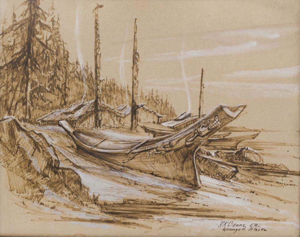 H.K. Beane ''Native Village'' 1962 Mixed Media: H.K. Beane (20th Cent. Alaska) ''Native Village'' 1962 Mixed Media on Paper 20''x24'' Image. Depicting a Tlingit or Haida clan house with totem poles and canoes. Signed and dated ''Wrangell Alaska'' l