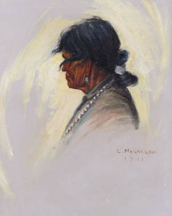 Lon Megargee ''Native Portrait'' 1911 Oil: Lon Megargee (1883-1960 American) ''Native Portrait'' 1911 Oil on Canvas 20''x16'' Image. An early Southwest Indian profile with silver necklace. Signed and dated l.r. Gilt carved framing 24''x20''. A