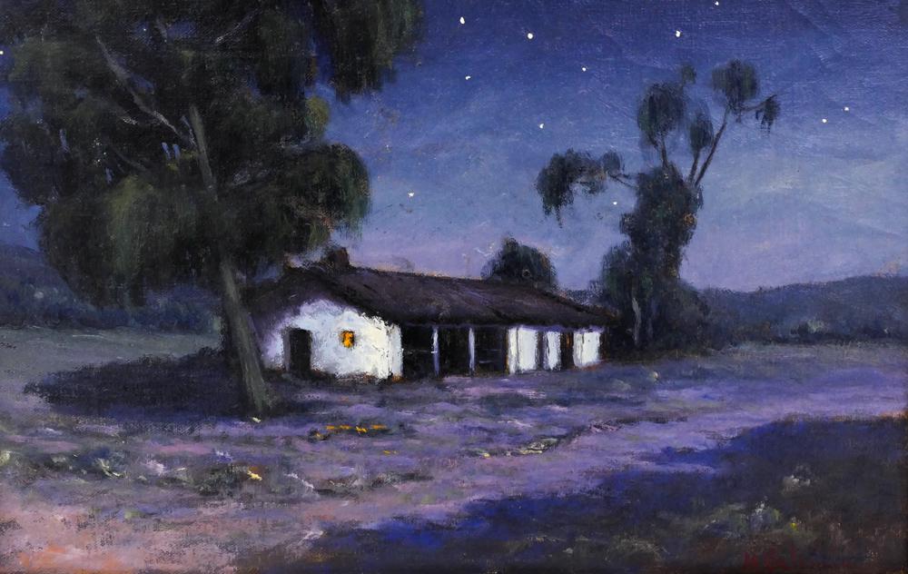 Manuel Valencia ''Night Adobe'' Oil: Manuel Valencia (1856-1935 California) ''Night Adobe'' Oil on Canvas 12''x18'' Image. A charming night scene landscape with adobe house and stars. Signed l.r. Original gilt piecrust framing 17''x23''.