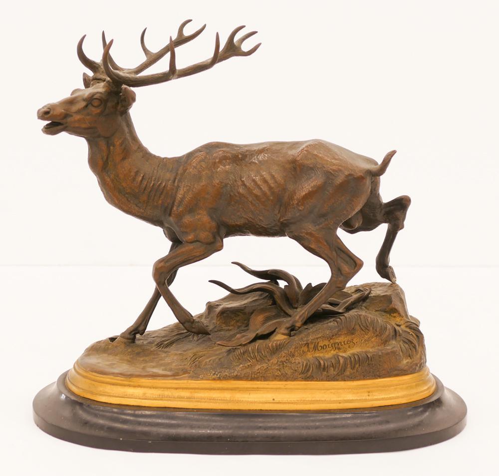 Jules Moigniez ''Walking Elk'' Bronze: Jules Moigniez (1835-1894 French) ''Walking Elk'' Bronze Sculpture 12''x13.5''. An antique wildlife bronze with elk in landscape. Signed on base. Front leg is loose from base (missing nut on bottom to