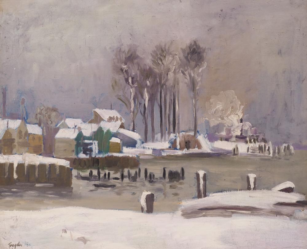Doran Trogdon ''Winter'' 1930's Oil: Doran Trogdon (20th Cent. Pennsylvania) ''Winter'' 1930's Oil on Canvas 20''x24'' Image. An early East Coast winter landscape. Signed l.l. with Art Association of Harrisburg 6th Annual Exhibition of L