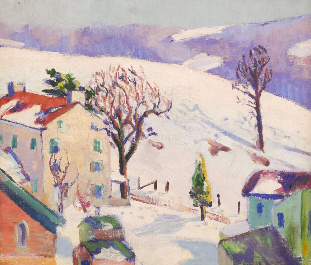 Doran Trogdon ''Winter Hillside'' 1930's Oil: Doran Trogdon (20th Cent. Pennsylvania) ''Winter Hillside'' 1930's Oil on Canvas 16''x18'' Image. A colorful winter landscape with houses. Unsigned. Framed 20''x22''. Excellent condition.