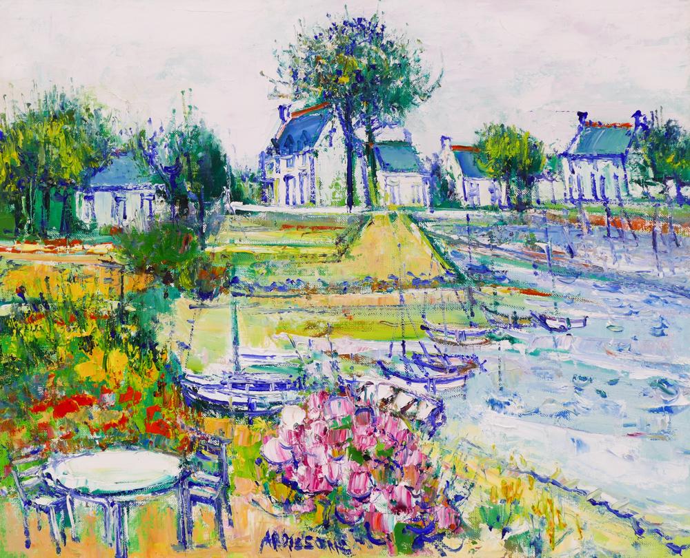 Yolande Ardissone ''Nouances en Bretagne'' Oil: Yolande Ardissone (b.1927 French) ''Nouances en Bretagne'' Oil on Canvas 19.5''x24''. Exceptional French impressionist landscape with sailboats and houses. Signed lower center. Gilt gallery framing 23