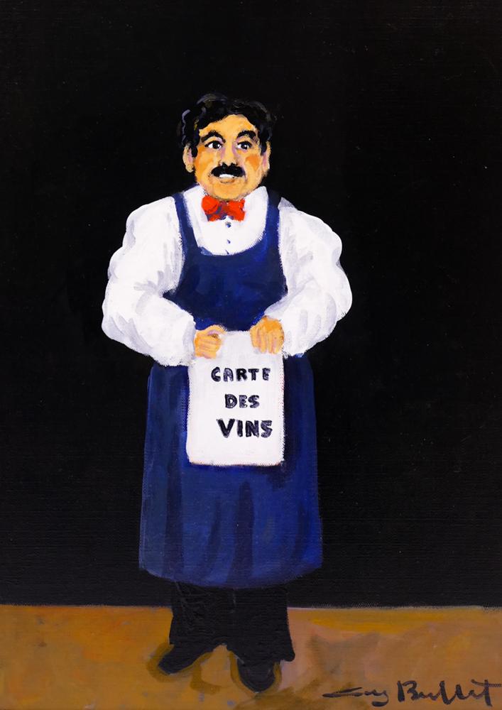 Guy Buffet ''Carte de Vins'' (Wine List) Oil: Guy Buffet (b.1943 French) ''Carte de Vins'' (Wine List) Oil on Canvas 18''x12.5'' Image. An original french waiter modern composition. Signed l.r. and titled on verso. Gallery framed 22''x17''. Excel