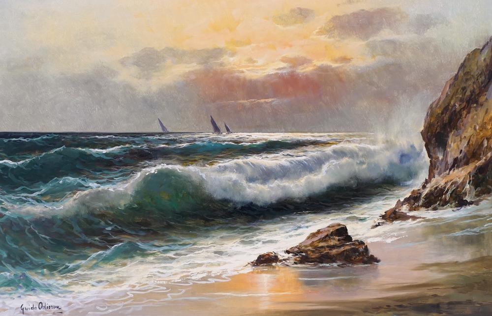 Guido Odierna ''Sunset Seascape'' Oil: Guido Odierna (1913-1991 Italian) ''Sunset Seascape'' Oil on Canvas 24''x36'' Image. A colorful sunset coastal scene with crashing waves and sailboats in distance. Signed l.l. Gallery framed 32''x44''