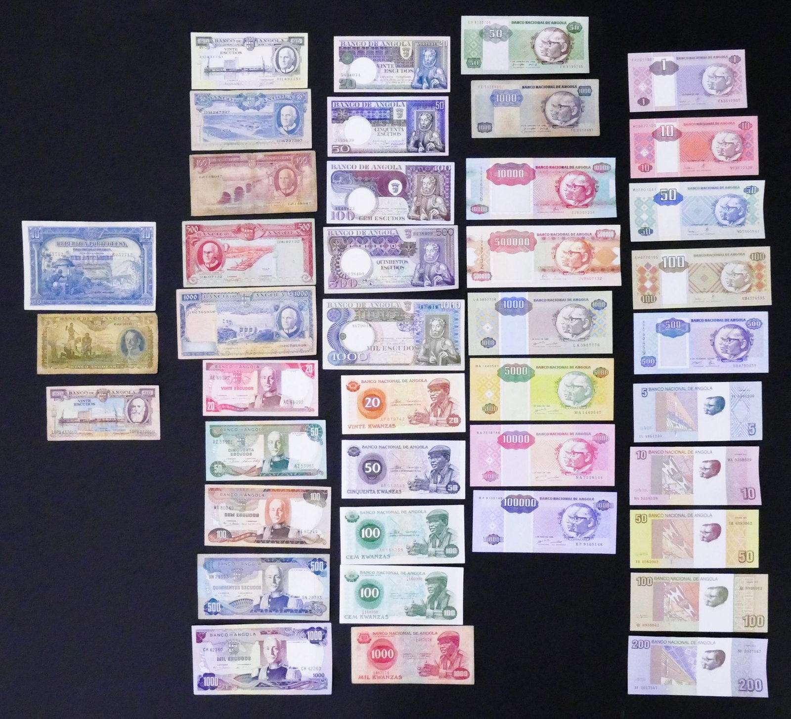 Angola. 41pc 1926-2012: Angola. 41pc 1926-2012. Some uncirculated. Includes Angolares, Escudos, Kwanzas, Kwanzas Readjustados, and Pick 67 Angola Republica Portuguesa 10 Angolares 14.8.1926
