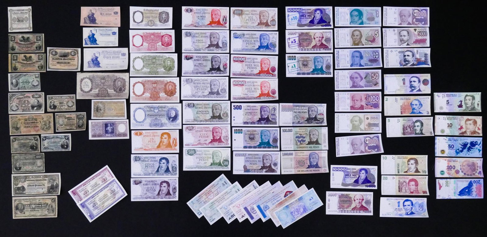 Argentina. 81pc 1867-2003: Argentina. 82pc 1867-2003. Some uncirculated. Includes Provincia de Buenos Ayres 10 Pesos 1.1.1869 Pick S485a, Pesos, Centavos, Australes, Pesos Argentinos, Australe Overstamp Pesos.