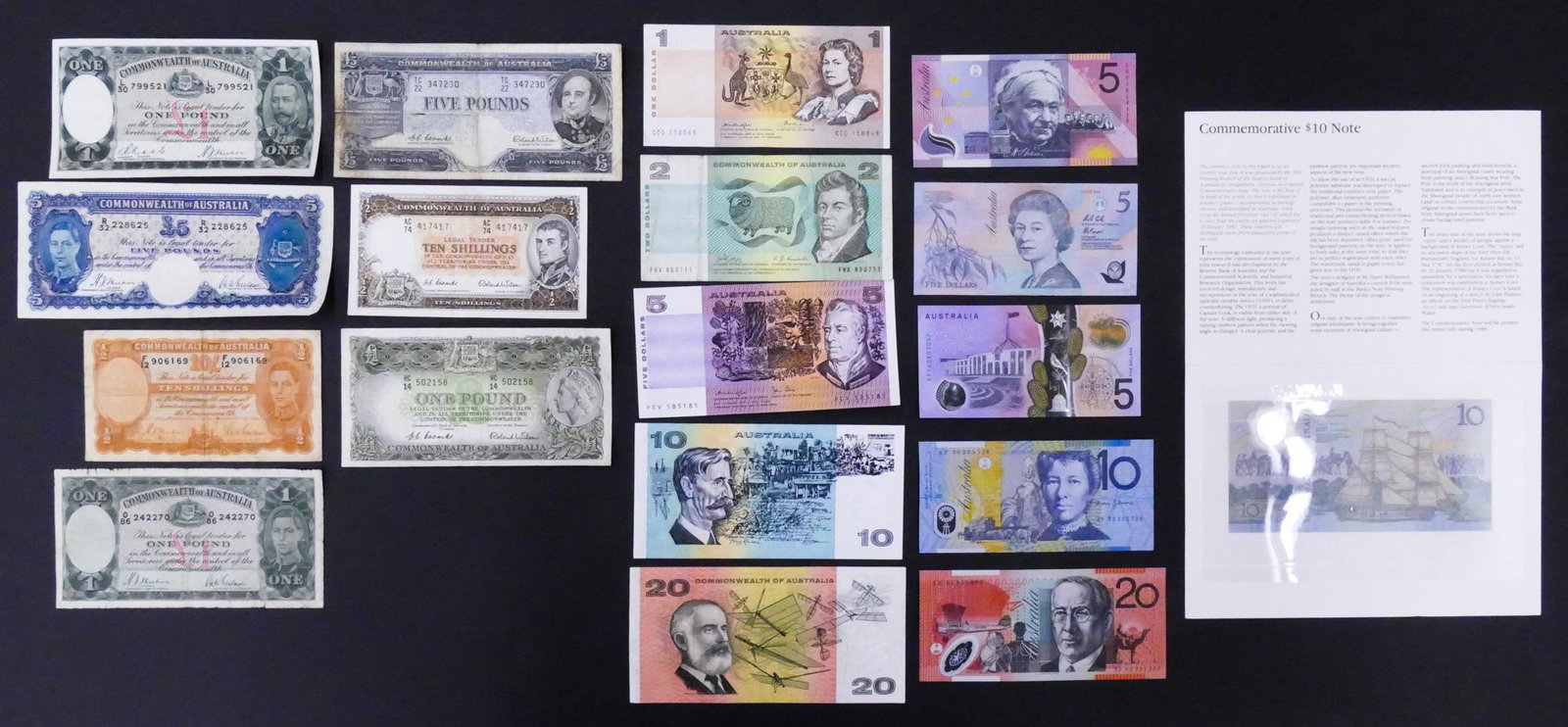Australia. 18pc 1933-2016: Australia. 18pc 1933-2016. Some uncirculated. Includes Pick #22a ND (1933-38) One Pound, 1988 Commemorative $10 Dollar Note in Folder.