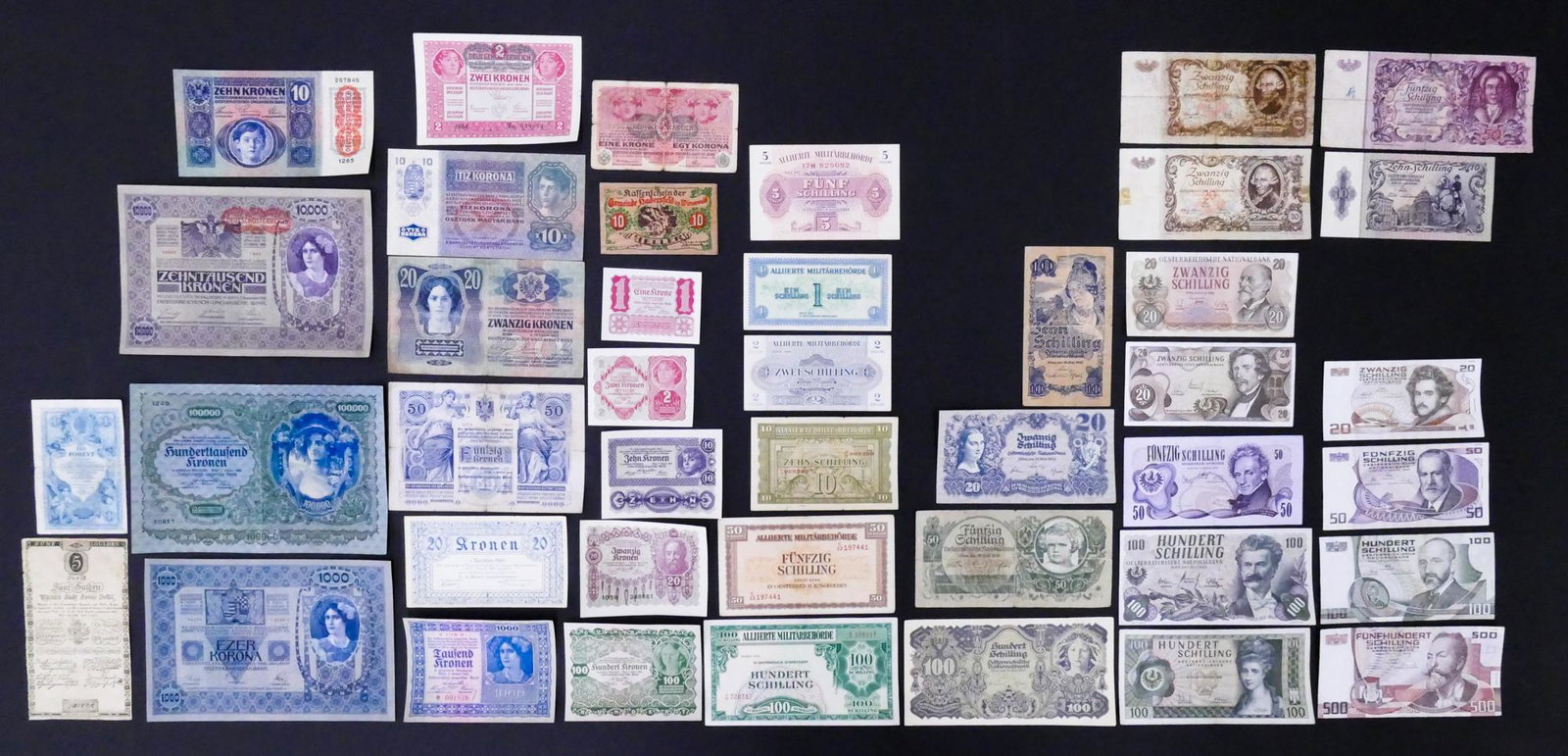 Austria. 42pc 1806-1986: Austria. 42pc 1806-1986. Most circulated. Includes 5 Gulden 1.6.1806 Pick A38a, Forint, Kronen, Wood Notgeld Hadersfeld im Wienerwald 10 Heller 1.6.1920, Alliierte Militarbehorde, and Schilling