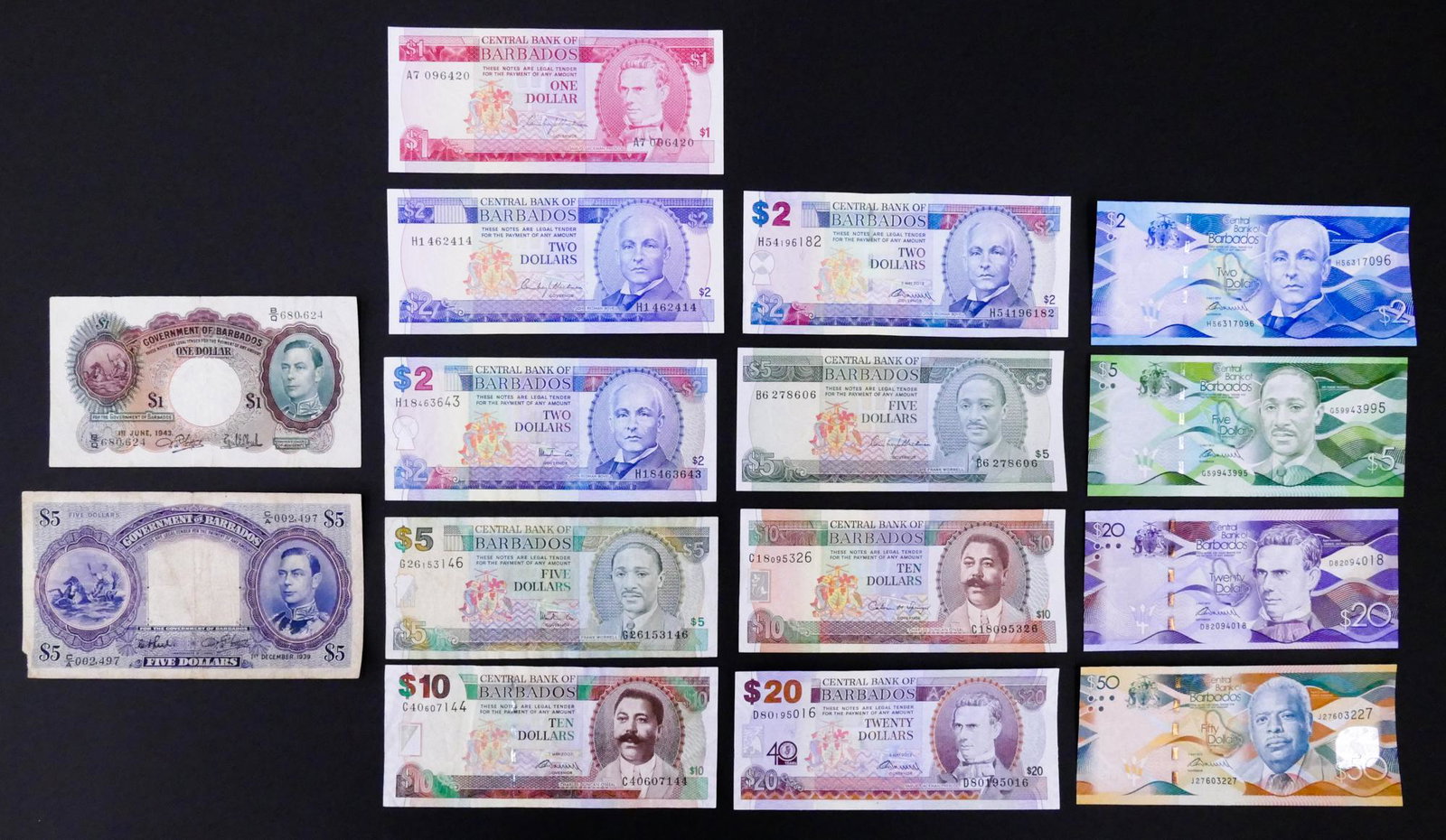 Barbados. 15pc 1939-2013: Barbados. 15pc 1939-2013. Includes Government of Barbados 5 Dollars 1.12.1939 Pick 4a, Government of Barbados 1 Dollar 1.6.1943 Pick 2b, and 13pc 1973-2013 most uncirculated