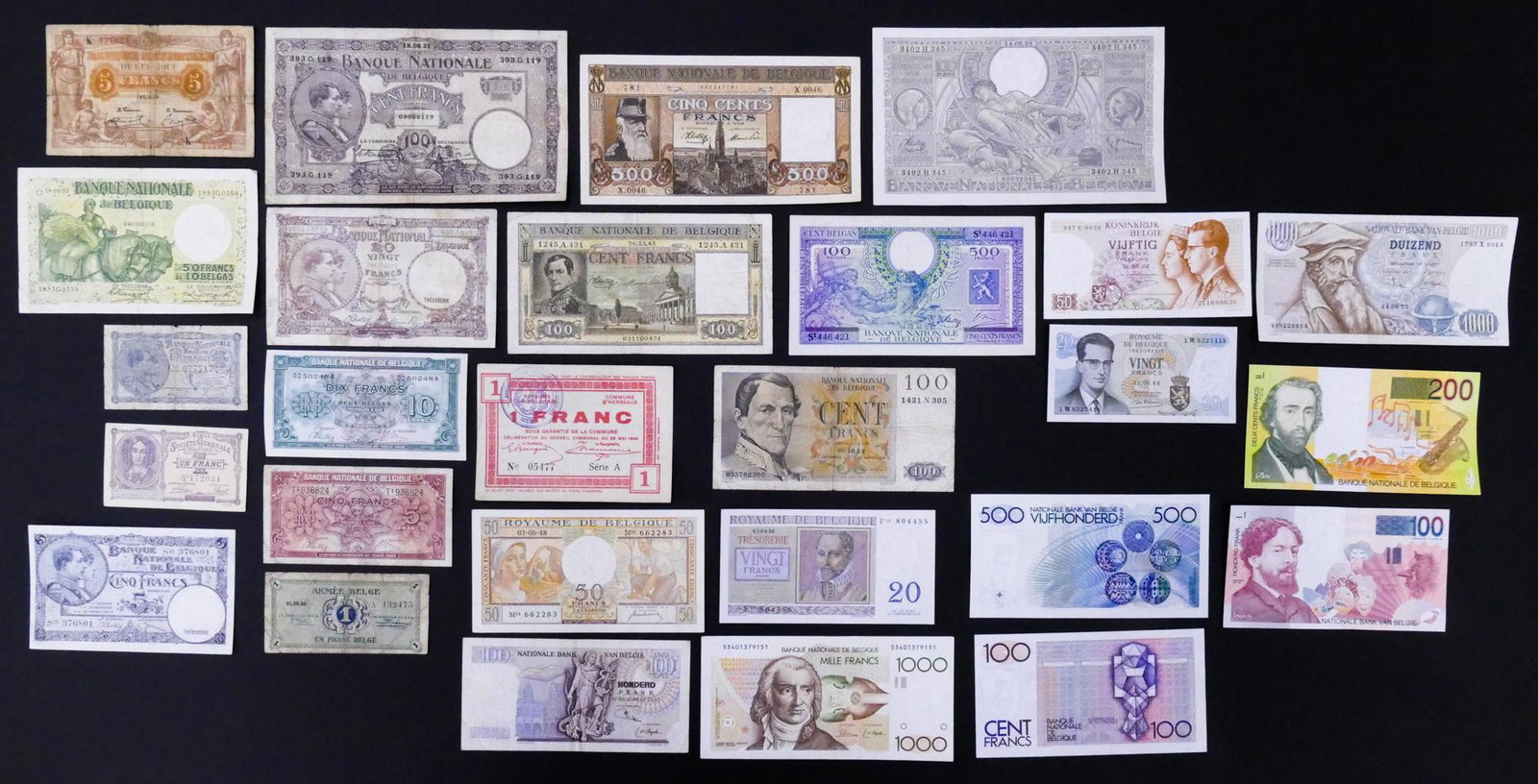 Belgium. 27pc 1917-1995: Belgium. 27pc 1917-1995. Includes Banque Nationale de Belgique 100 Francs-20 Belgas 14.02.1938 Pick 107 (UNC).