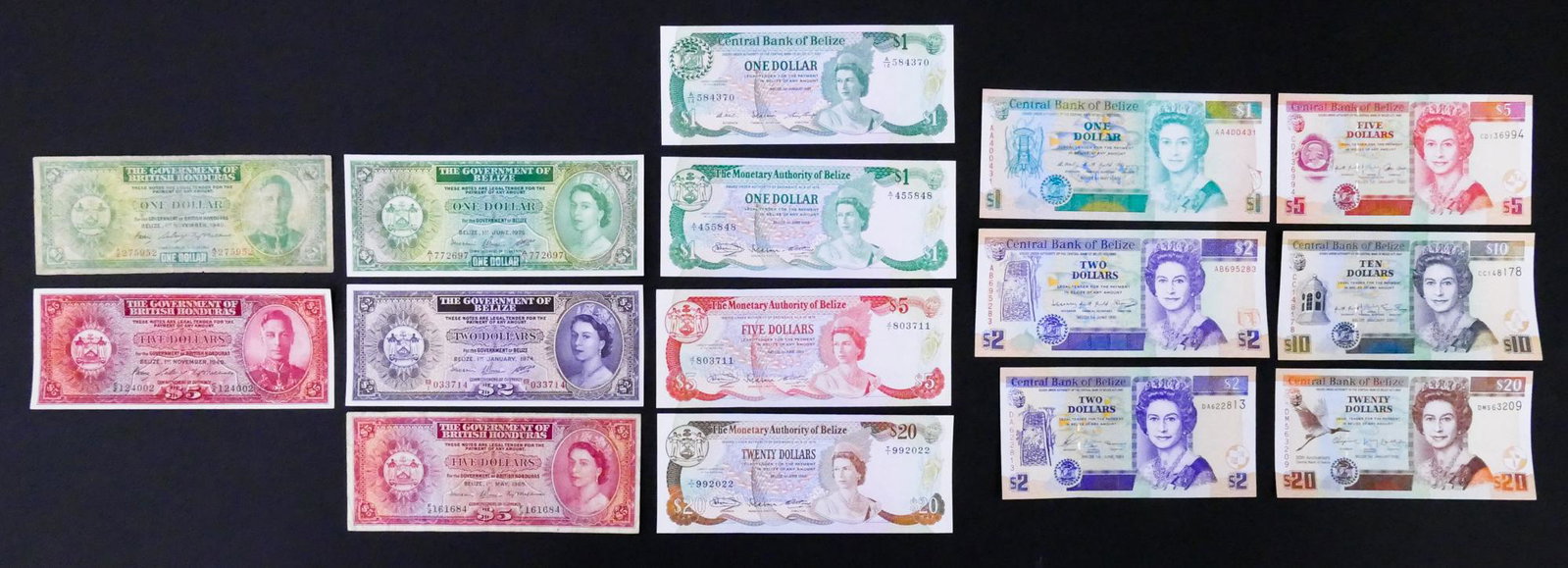 Belize and British Honduras. 15pc 1949-2012: Belize and British Honduras. 15pc 1949-2012. Includes British Honduras Government $5 1.11.1949 Pick 26b (AU), Government of British Honduras $1 1.11.1949 Pick 24b, Government of British Honduras $5 19