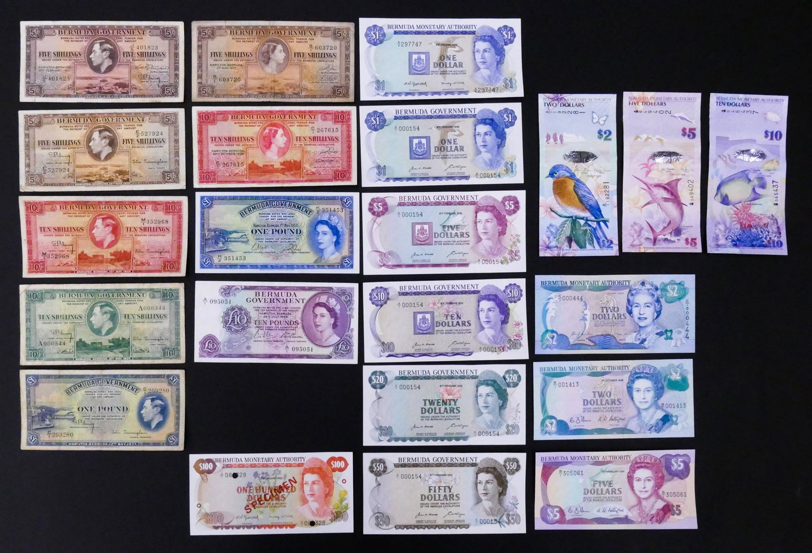 Bermuda 22pc 1937-2009: Bermuda 22pc 1937-2009. Includes 9pc Bermuda Goverment Shilling and Pound Notes 1937-64, 1pc Bermuda Monetary Authority $100 Specimen 02.01.1982, and 12pc Bermuda Government Dollars 1970-2009 with $11