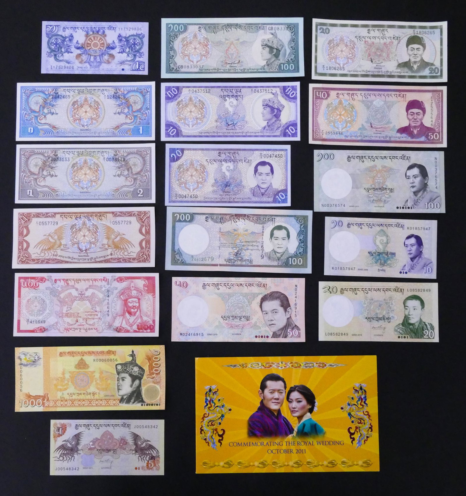 Bhutan. 18pc 1981-2011: Bhutan. 18pc 1981-2011. Includes 2011 Royal Wedding 100 Ngultrum Note in Presentation Folder. All uncirculated.