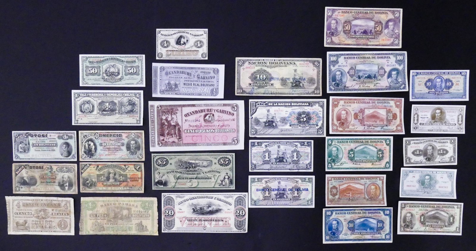 Bolivia. 61pc 1867-1986: Bolivia. 61pc 1867-1986. Includes Banco Parana, Banco Oxandaburu Y Garvino (Garbino), Vale de Tesoreria de la Republica de Bolivia, Banco Potosi, Banco Comercio, El Banco Nacional de Bolivia, and Banc