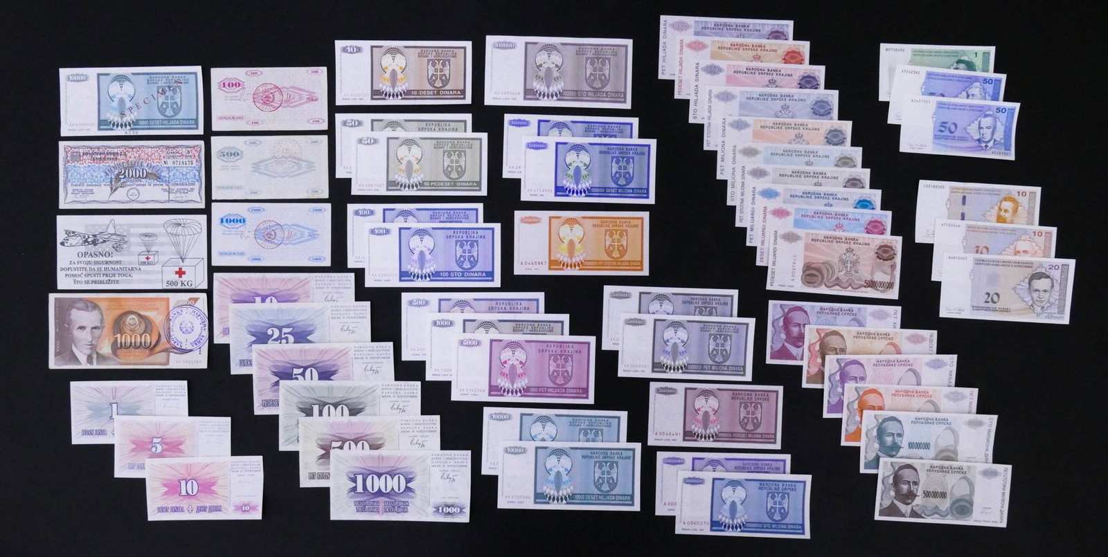 Bosnia-Hercegovina. 57pc 1992-2012: Bosnia and Herzegovina. 57pc 1992-2012. Includes 1pc 1992 10000Dinara Specimen, American Airdropped Flyer ND (1993), 2000 Dinara Military Cheque ND (1992), nearly all UNC