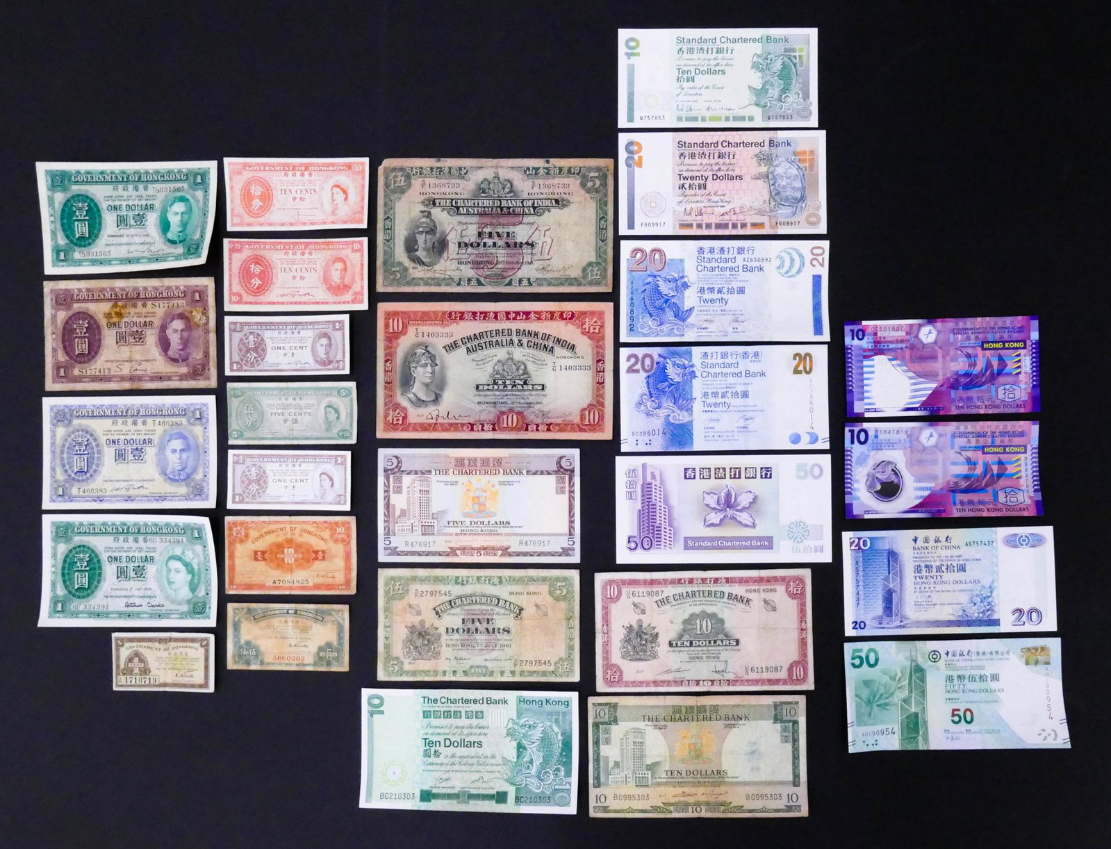 China. 28pc Hong Kong 1941-2010: China. 28pc Hong Kong 1941-2010. Includes 12pc The Government of Hong Kong notes, 2pc The Chartered Bank of India, Australia & China (1941), 5pc The Chartered Bank, 5pc Standard Chartered Bank, 2pc Go