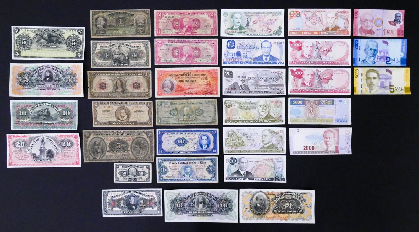 Costa Rica. 30pc 1899-2009 & Specimens: Costa Rica. 30pc 1899-2009. Includes 3pc Specimens- 23.6.17 1 Colon Pick S121s, Banco Anglo-Costarricense 10 Colones 1903-17 Pick S123s, and Banco Anglo-Costarricense 20 Colones 1903-17 Pick S124s. 4p