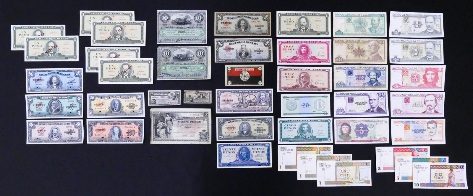 Cuba. 43pc 1891-2013 with Specimens: Cuba. 43pc 1891-2013. Includes 11pc Specimens (5pc 1960) and (6pc 1 Peso 1968-85), 26th of July Movement $1 ND (1956), 2pc Banco Espanol De La Isla De Cuba 10 Pesos 1896 Pick 49 a & d, El Tesoro Isla 