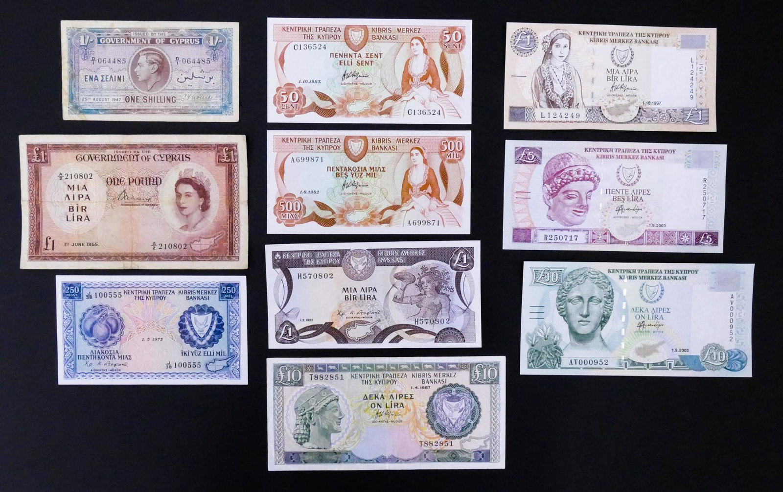 Cyprus. 10pc 1947-2003: Cyprus. 10pc 1947-2003. Includes Government of Cyprus 1 Shilling 25.8.1947 Pick 20, Government of Cyprus 1 Pound 1.6.1955 Pick 35a, Central Bank of Cyprus 250 Mils 1.5.1973 Pick 34b (UNC)