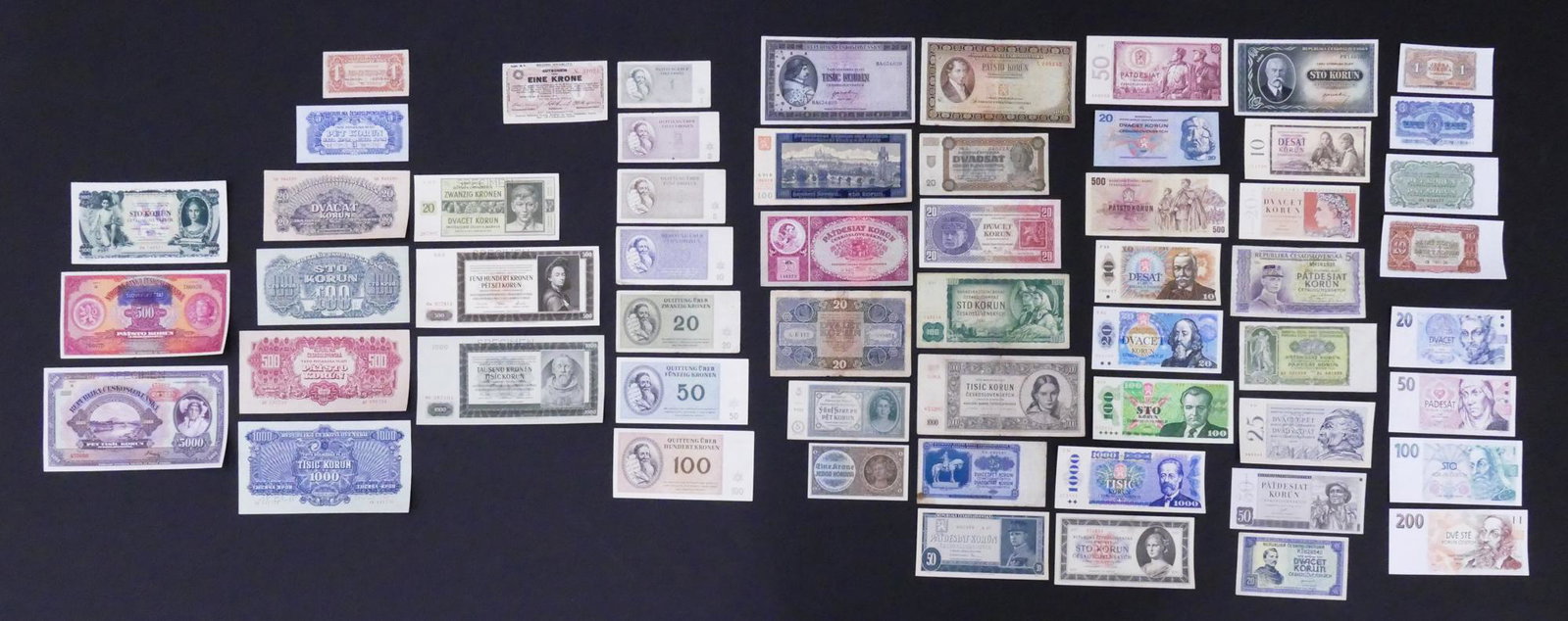 Czechoslovakia 57pc 1920-1994: Czechoslovakia & Czech Republic 57pc 1920-1994. Includes 12pc Specimens- Republika Ceskoslovenska 5000 Korun 1920 Pick 19s, Narodna Banka Ceskoslovenska 500 Korun 2.5.1929 Pick 24s, National Bank 100 