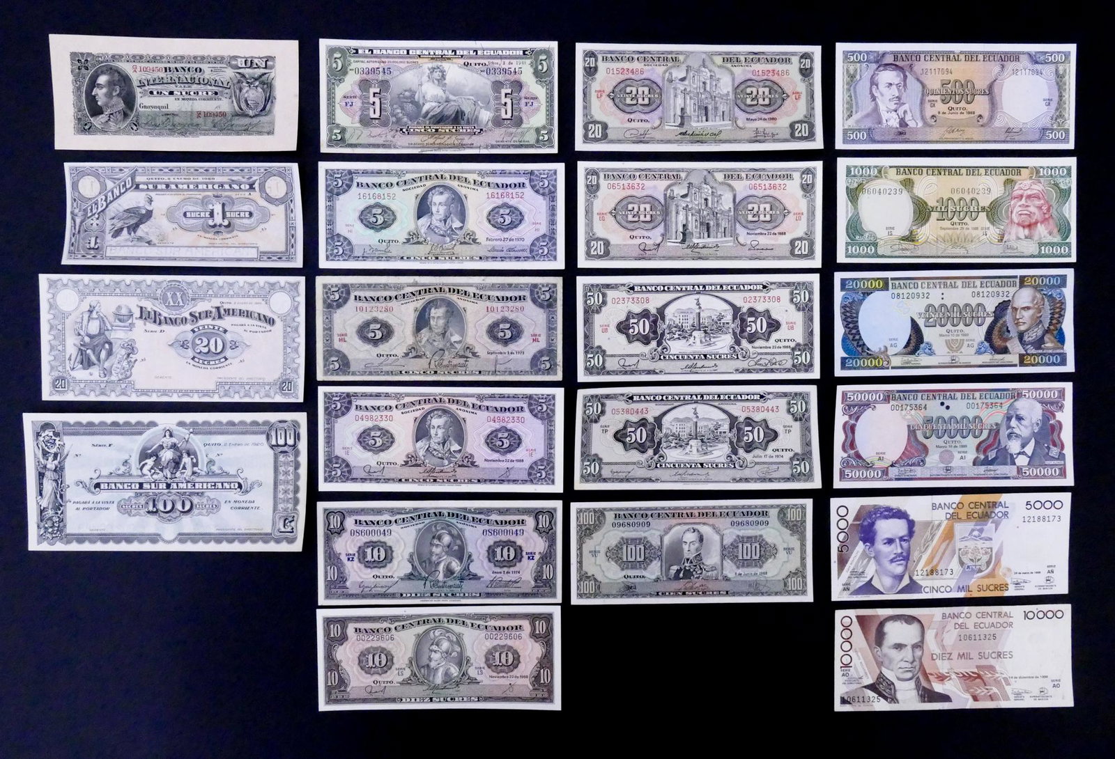 Ecuador. 21pc 1887-1999: Ecuador. 21pc 1887-1999. Includes Banco Internacional 1 Sucre 1892 Pick S172, 3pc Banco International and Banco Sur Americano 1920 Notes (1,20,100), and many UNC notes 1948-1999