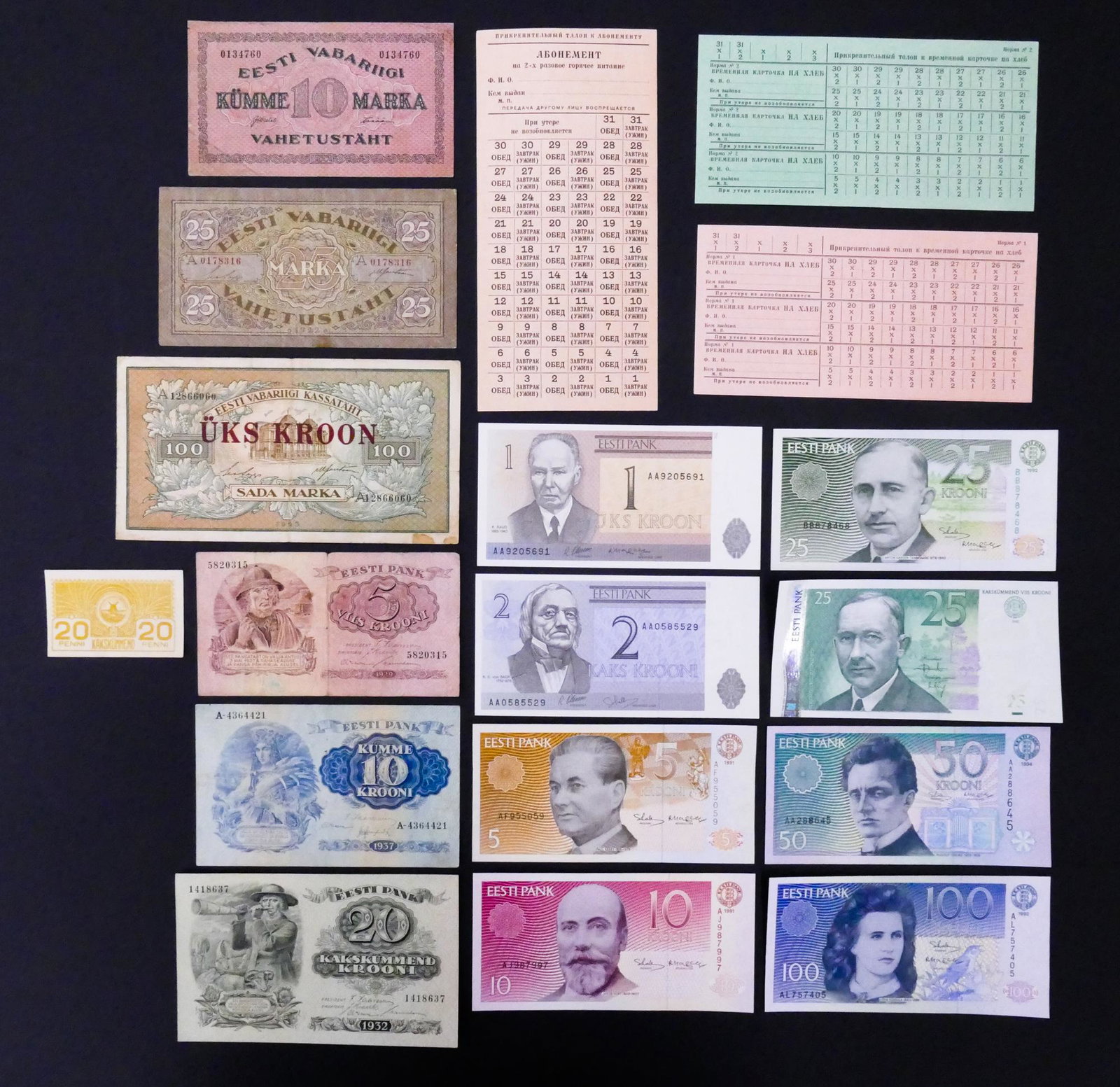 Estonia. 18pc 1919-2002: Estonia. 18pc 1919-2002. Includes Eesti Vabariigi Vahetustaht 25 Marka ND (1926) Pick 54b, UNC 20 Krooni 1932 Pick 64a, 3pc 1992 Tartu Temporary Cheques (25,50, and 100 Rubla), and 8pc UNC 1991-2002