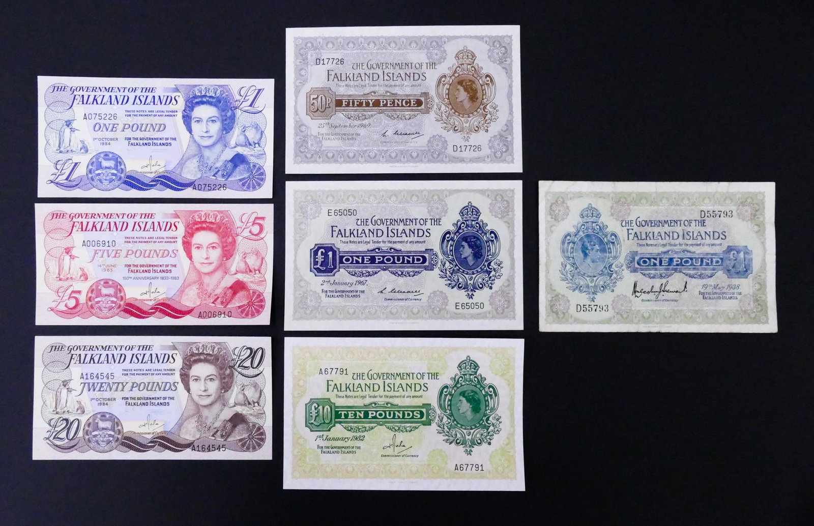 Falkland Islands. 7pc 1938-1984: Falkland Islands. 7pc 1938-1984. Includes Government of the Falkland Islands œ1 19.5.1938 Pick 5 (circulated), 3pc UNC Government of the Falkland Islands 1969 50 Pence, 1967 One Pound, 1982 10 Pound,