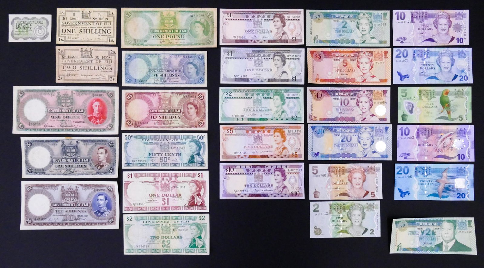 Fiji. 29pc 1938-2007: Fiji. 29pc 1938-2013. Includes Government of Fiji 1 Pound 1.1.1941 Pick 40a, 18pc UNC 1974-2013.