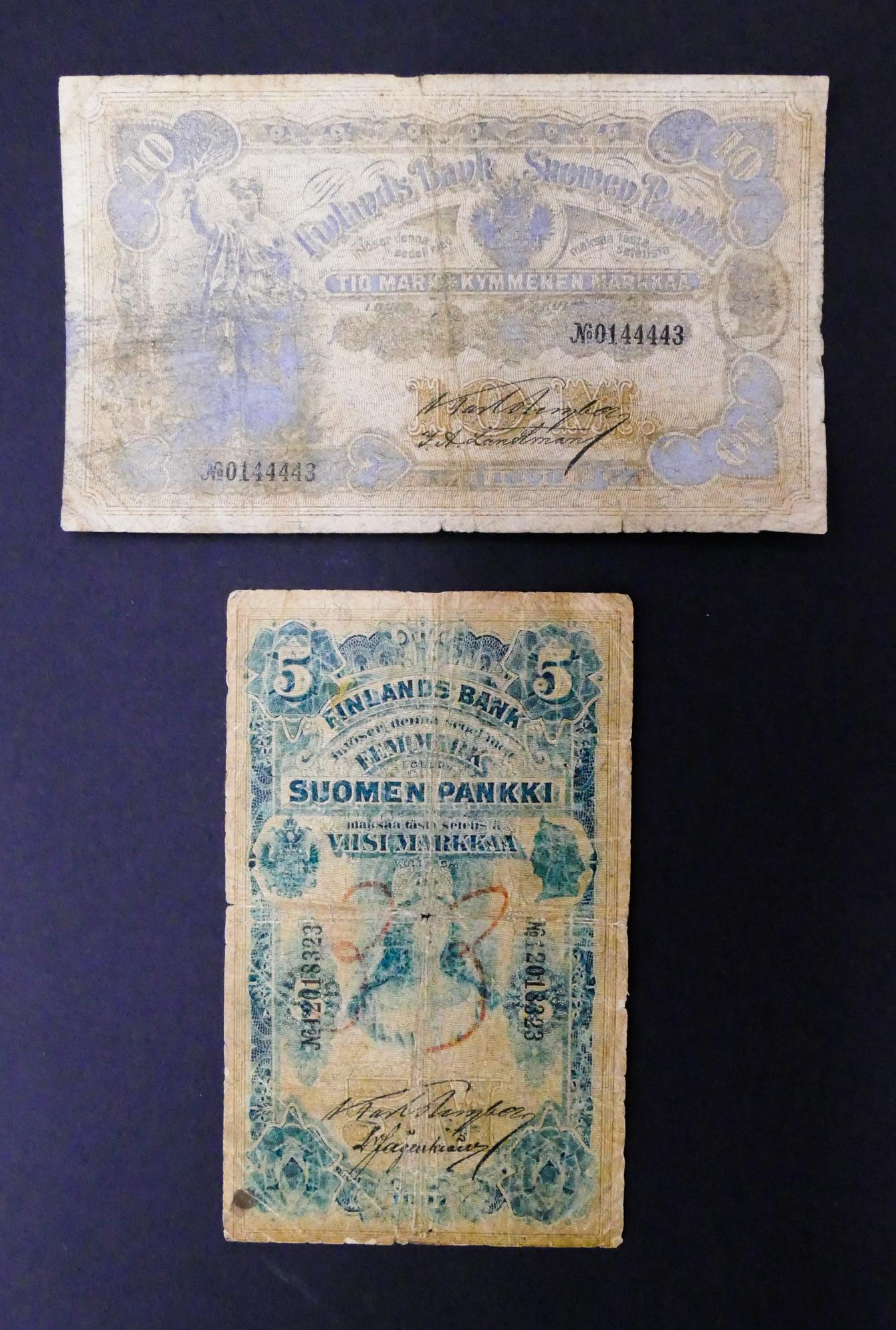 Finland. 14pc 1898-1986: Finland. 14pc 1897-1986. Includes Finlands Bank 5 Markkaa 1897 Pick 2, Finlands Bank 10 Markkaa 1898 Pick 3a, Finlands Bank 500 Markkaa ND (1945) Pick 89