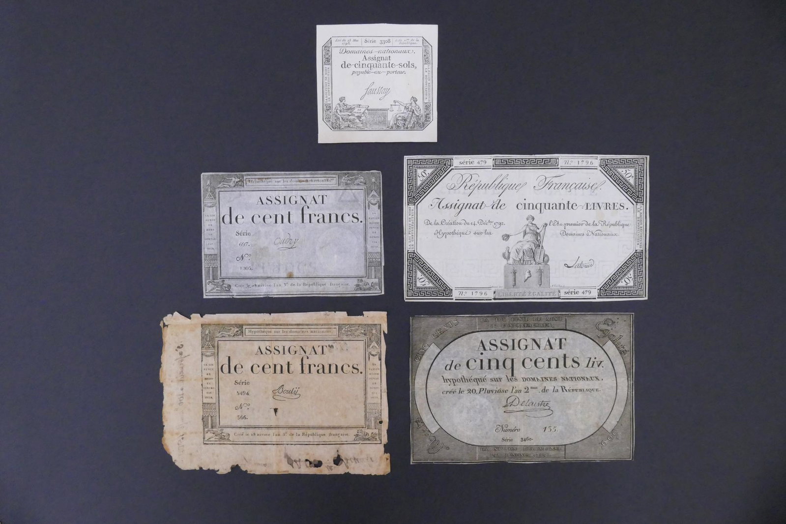 France. 5pc 18th Century Notes 1792-1795: France. 5pc 18th Century Notes 1792-1795. Includes Domaines Nationaux 50 Sols 23.5.1793 Pick A70b, Republique Francaise 50 Livres 1792 Pick A72, Republique Francaise 500 Livres 1794 Pick A77, and 2pc 