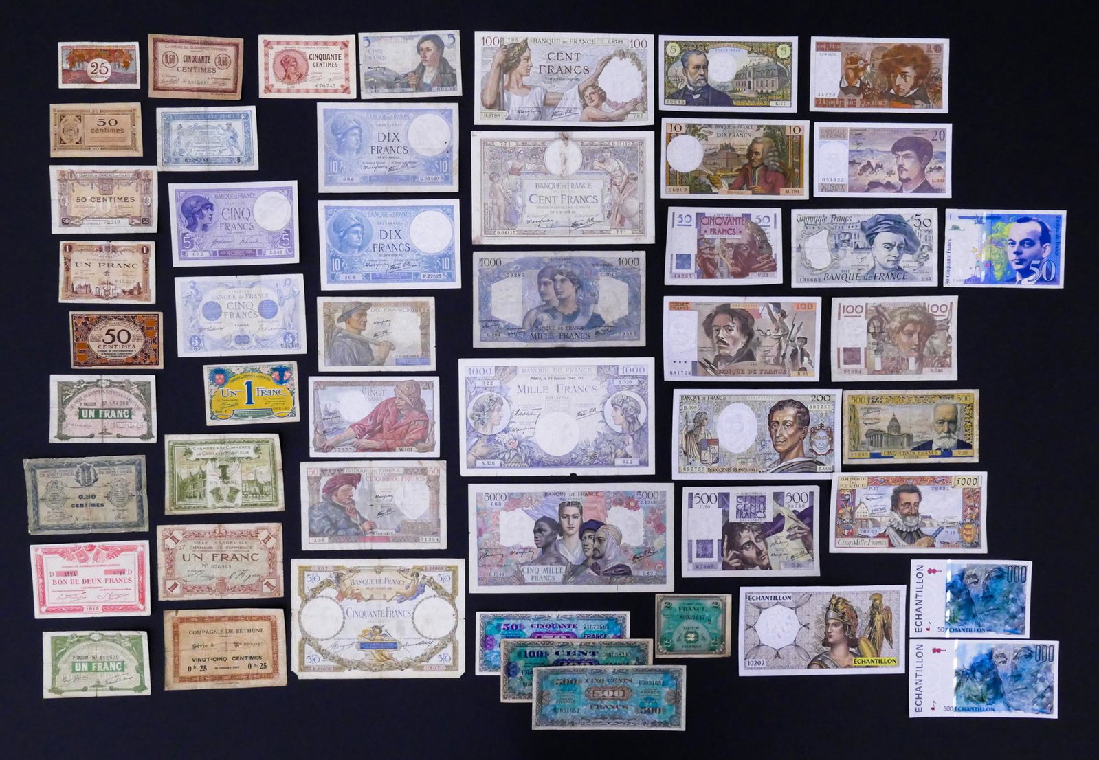 France 50pc 1916-1992: France 50pc 1916-1992. Includes 3pc Echantillon Test Notes, Banque de France 5000 Francs 12.4.1945 Pick 103, 15pc Local Issue WWI-era Notes, Tresorerie Aux Armees 50 Centimes ND (1917)