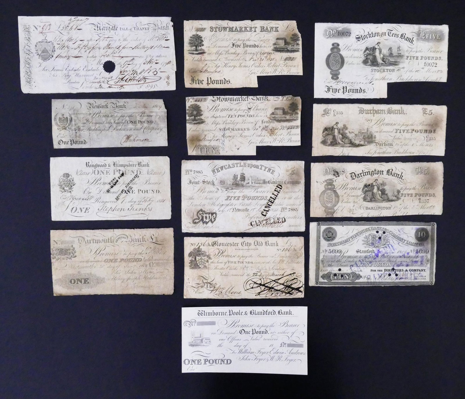 Great Britain. England. 12pc 1790-1886: Great Britain. England. 13pc 1790-1886. Includes UNC Wimborne, Poole & Blandford Bank- 1 N 18__ Remainder, 1790 Isle of Thanet Margate Bank, 1809 Newark Bank One Pound, 1821 Ringwood & Hampshire Bank 