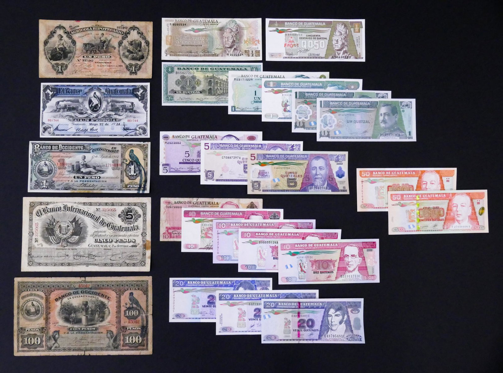 Guatemala. 25pc 1896-2012: Guatemala. 25pc 1896-2012. Includes UNC Banco de Occidente 1 Peso 1.8.1914 Pick S173, UNC El Banco De Guatemala 1 Peso 27.5.1914 Pick S141b, Banco Internacional De Guatemala 5 Pesos 2.10.1916 Pick S15