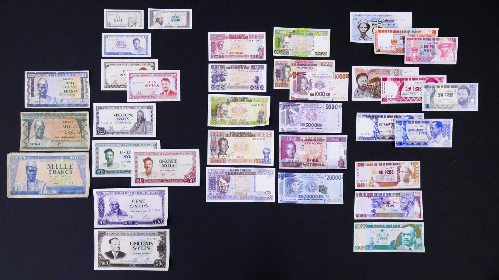 Guinea & Guinea-Bissau. 35pc 1958-2015: Guinea & Guinea-Bissau. 35pc 1958-2015. Includes 24pc Guinea Banknotes 1958-2015 and 11pc Guinea-Bissau Banknotes 1975-1990.