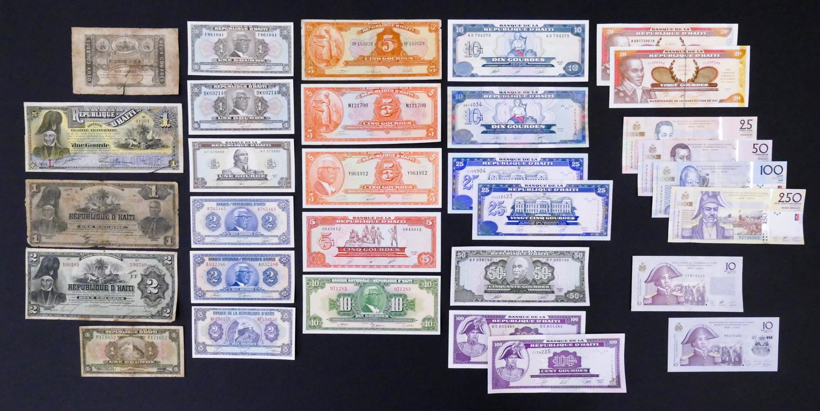 Haiti. 31pc 1827-2013.: Haiti. 31pc 1827-2013. Includes Republique D'Haiti 2 Gourdes 1827 Pick 42, Republique d'Haiti 1 Gourde 29.9.1892 Pick 101a, Republique D'Haiti 1 Gourde 1903 Pick 110, Republique D'Haiti 2 Gourdes FF 1