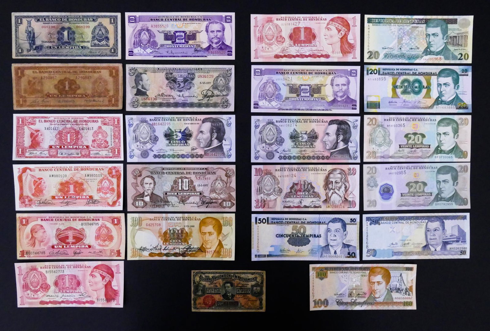 Honduras. 23pc 1886-2008: Honduras. 23pc 1886-2008. Includes Aguan Navigation and Improvement Company 50 Centavos 25.6.1886 Pick S101