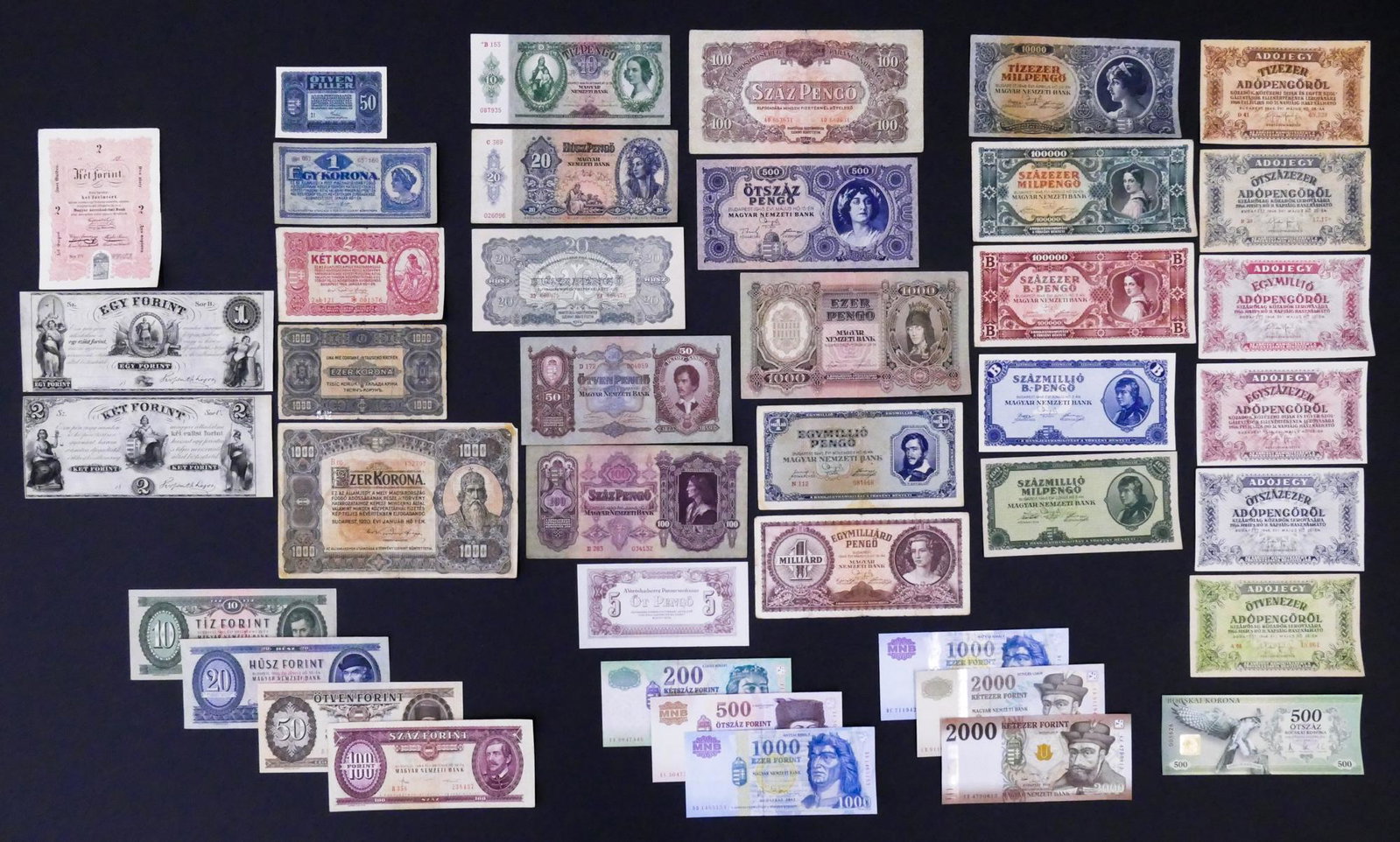 Hungary. 41pc 1848-2012: Hungary. 41pc 1848-2012. Antique Forint, Korona, Pengo, Milpengo, Adopengo, and contmporary Forint. Includes Hungarian Commerical Bank 2 Forint ND (1848) Pick S112, Finance Ministry 1 Forint ND (1852)